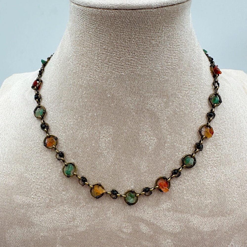 Natural Stone Antique Brass Adjustable Necklace 16-20” Chain